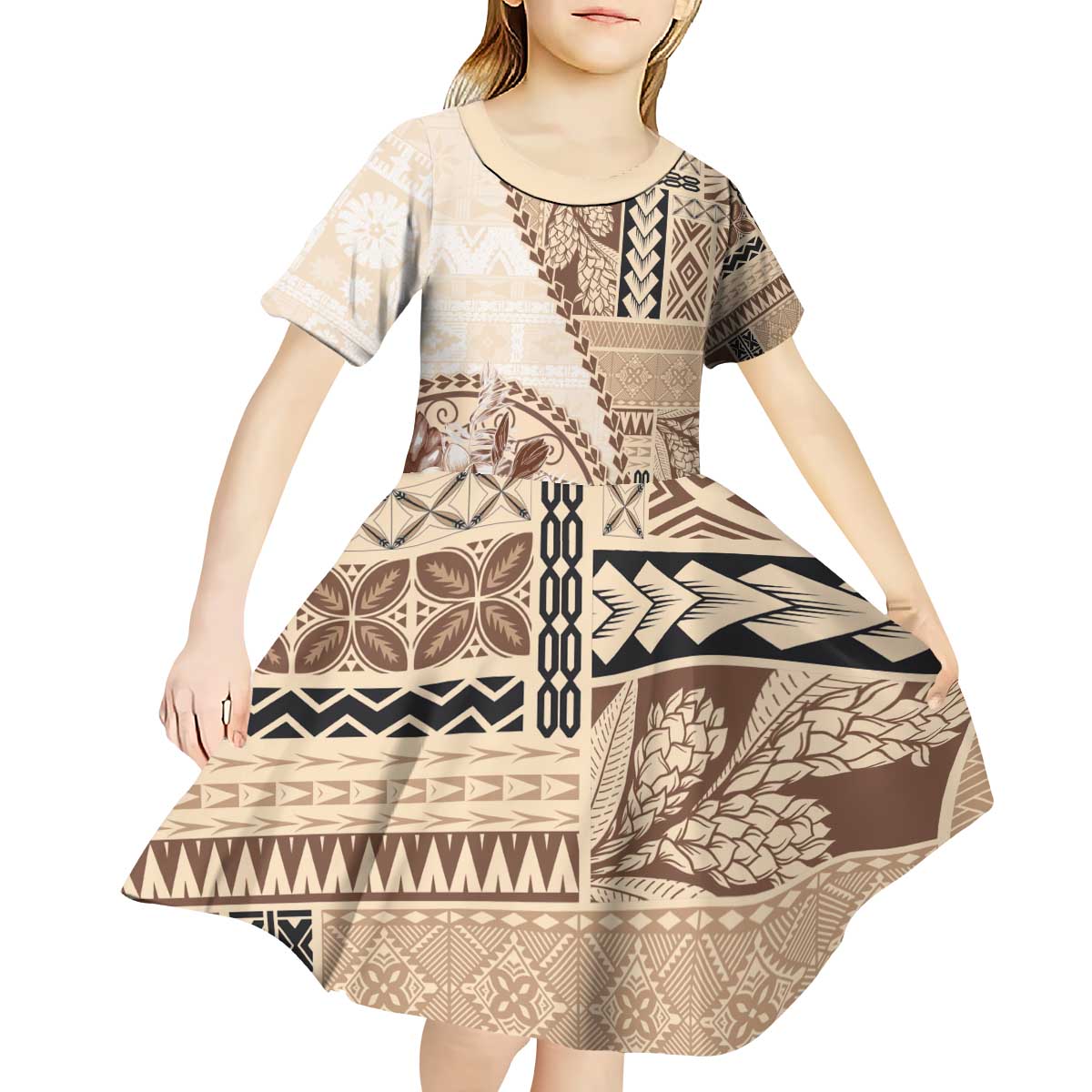 Samoa Siapo Elegant Kid Short Sleeve Dress Hibiscus Beige Motifs - Polynesian Pride