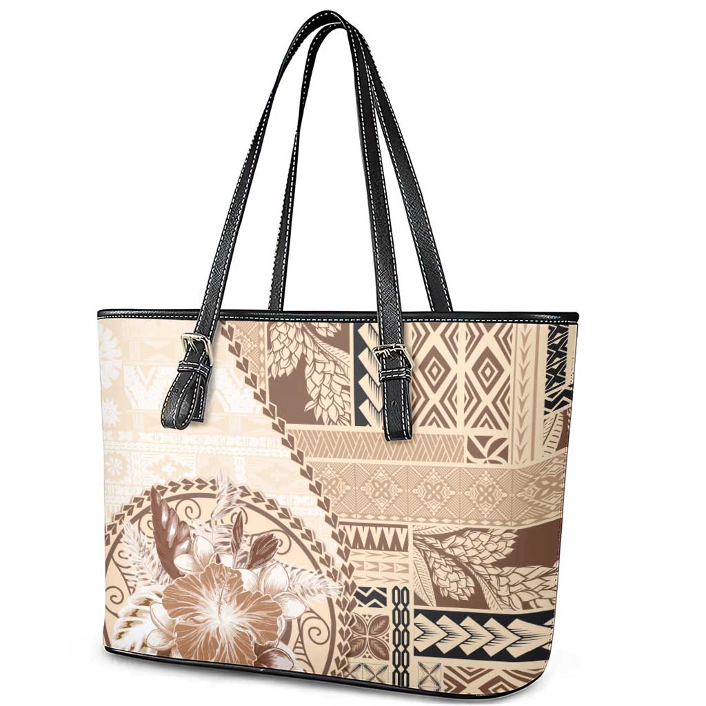 Samoa Siapo Elegant Leather Tote Bag Hibiscus Beige Motifs - Polynesian Pride