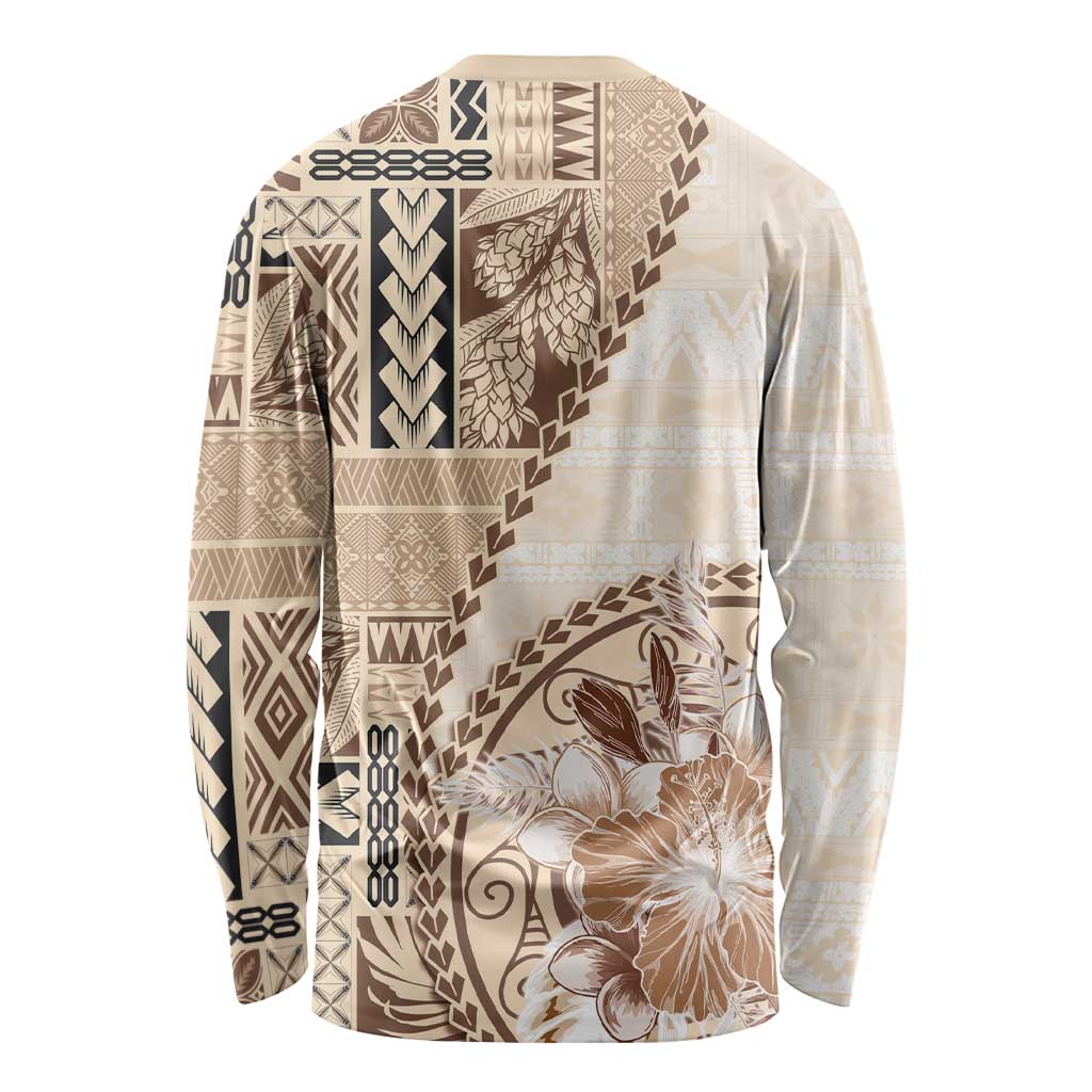 Samoa Siapo Elegant Long Sleeve Shirt Hibiscus Beige Motifs - Polynesian Pride