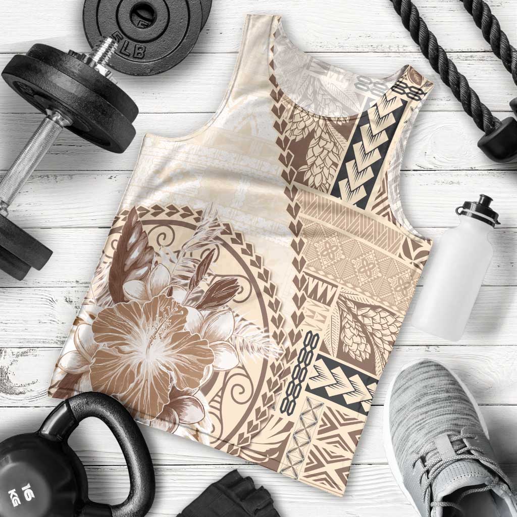 Samoa Siapo Elegant Men Tank Top Hibiscus Beige Motifs - Polynesian Pride