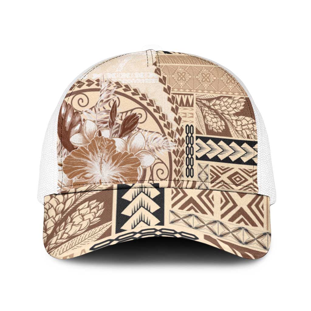 Samoa Siapo Elegant Mesh Trucker Cap Hibiscus Beige Motifs - Polynesian Pride