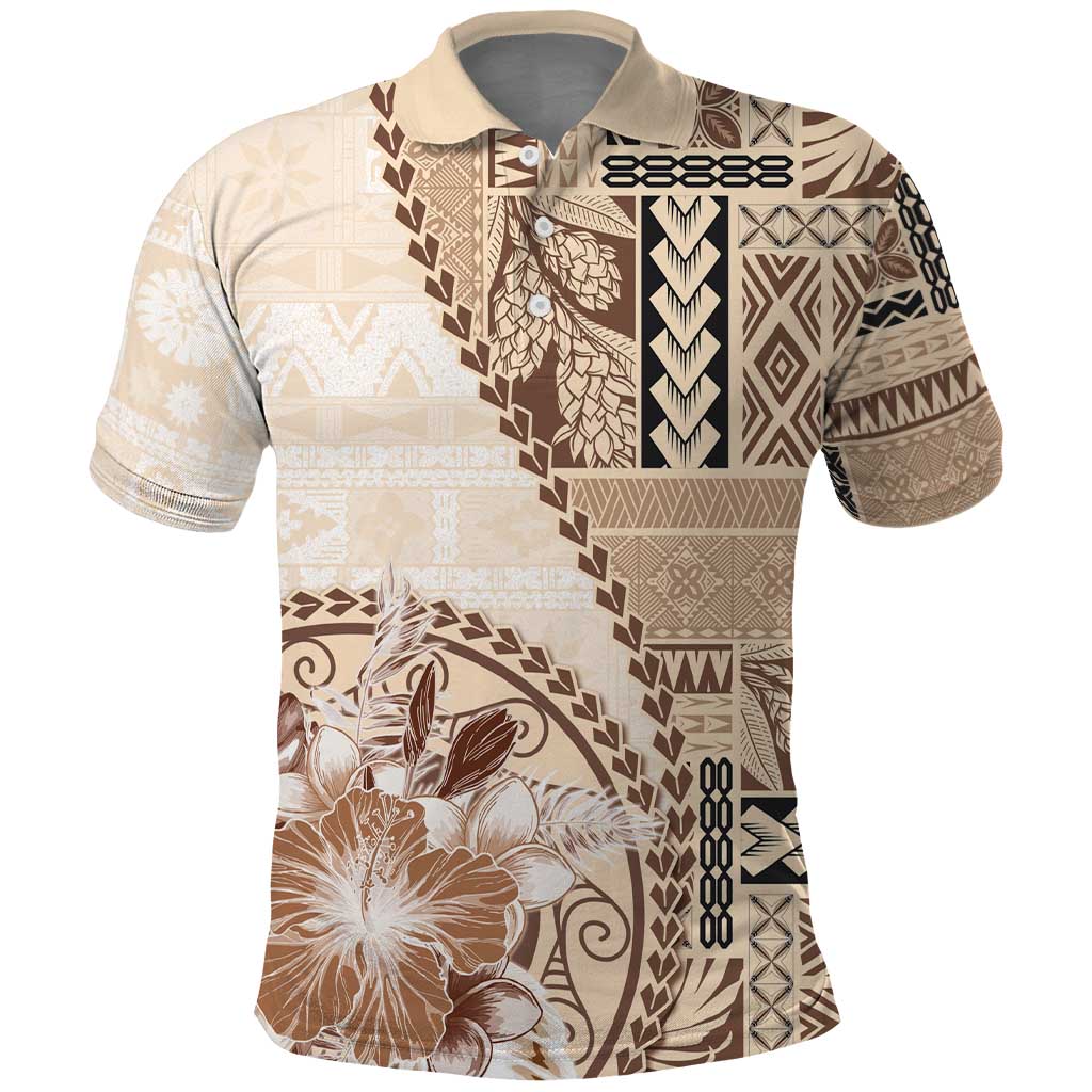 Samoa Siapo Elegant Polo Shirt Hibiscus Beige Motifs - Polynesian Pride