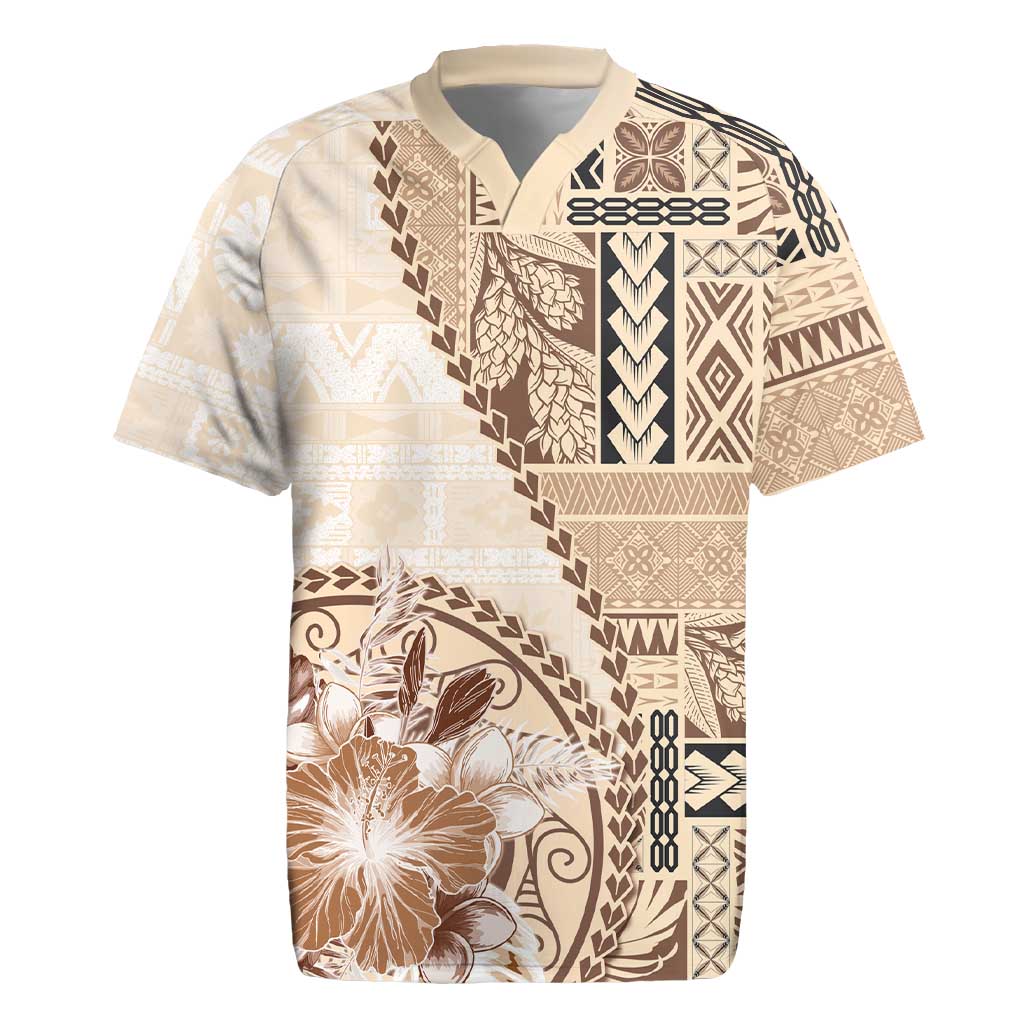 Samoa Siapo Elegant Rugby Jersey Hibiscus Beige Motifs - Polynesian Pride