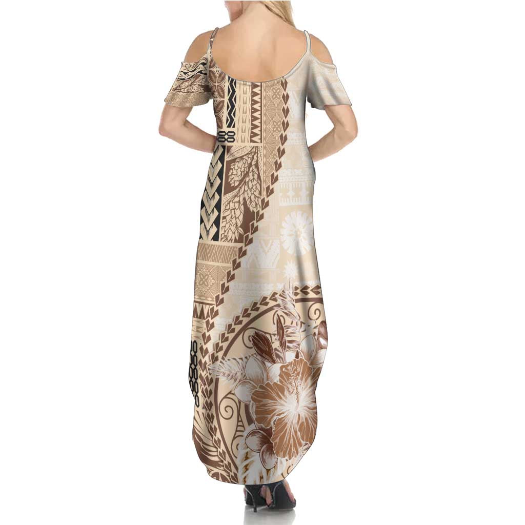 Samoa Siapo Elegant Summer Maxi Dress Hibiscus Beige Motifs - Polynesian Pride