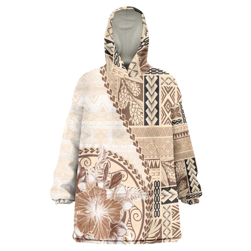 Samoa Siapo Elegant Wearable Blanket Hoodie Hibiscus Beige Motifs - Polynesian Pride
