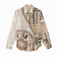 Samoa Siapo Elegant Women Casual Shirt Hibiscus Beige Motifs - Polynesian Pride