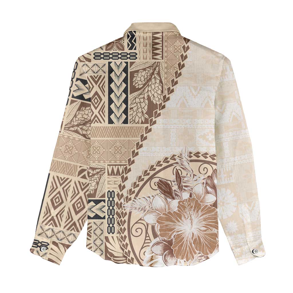 Samoa Siapo Elegant Women Casual Shirt Hibiscus Beige Motifs - Polynesian Pride