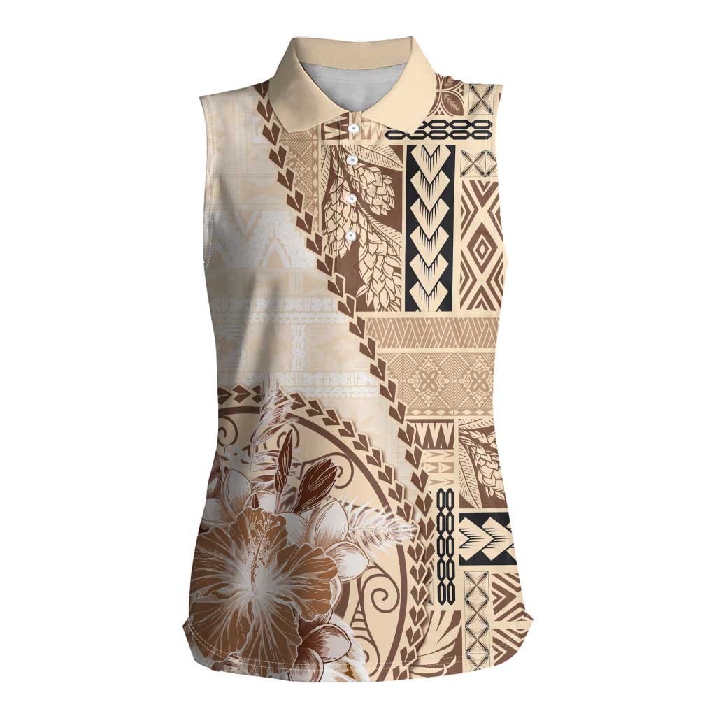 Samoa Siapo Elegant Women Sleeveless Polo Shirt Hibiscus Beige Motifs - Polynesian Pride