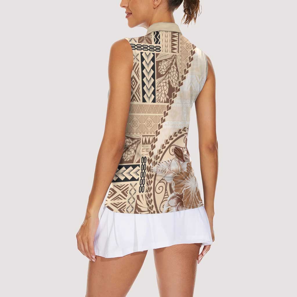 Samoa Siapo Elegant Women Sleeveless Polo Shirt Hibiscus Beige Motifs - Polynesian Pride