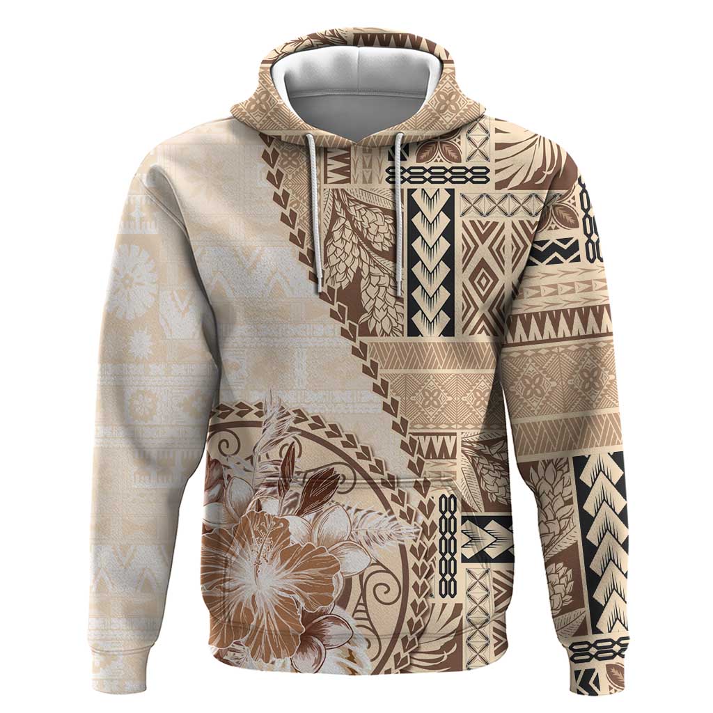 Samoa Siapo Elegant Zip Hoodie Hibiscus Beige Motifs - Polynesian Pride