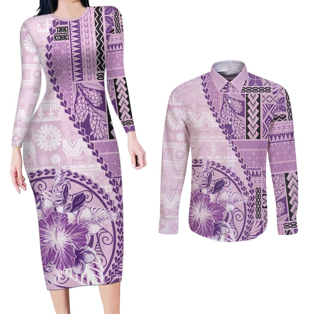 Samoa Siapo Elegant Couples Matching Long Sleeve Bodycon Dress and Long Sleeve Button Shirt Hibiscus Violet Motifs - Polynesian Pride