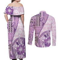 Samoa Siapo Elegant Couples Matching Off Shoulder Maxi Dress and Long Sleeve Button Shirt Hibiscus Violet Motifs - Polynesian Pride