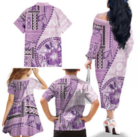 Samoa Siapo Elegant Family Matching Off The Shoulder Long Sleeve Dress and Hawaiian Shirt Hibiscus Violet Motifs - Polynesian Pride