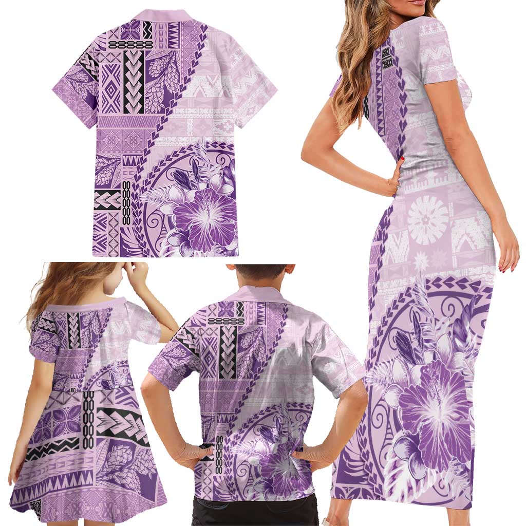 Samoa Siapo Elegant Family Matching Short Sleeve Bodycon Dress and Hawaiian Shirt Hibiscus Violet Motifs - Polynesian Pride