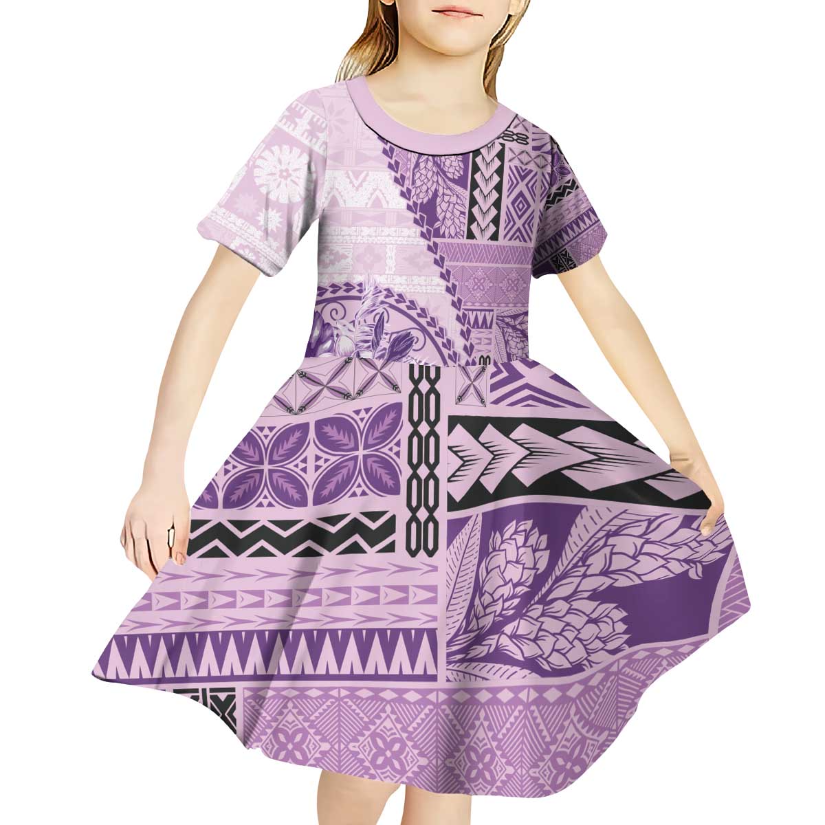 Samoa Siapo Elegant Kid Short Sleeve Dress Hibiscus Violet Motifs - Polynesian Pride