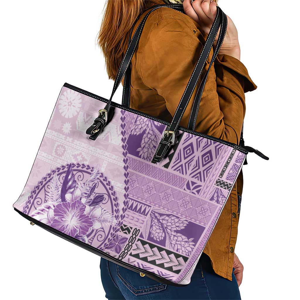 Samoa Siapo Elegant Leather Tote Bag Hibiscus Violet Motifs - Polynesian Pride
