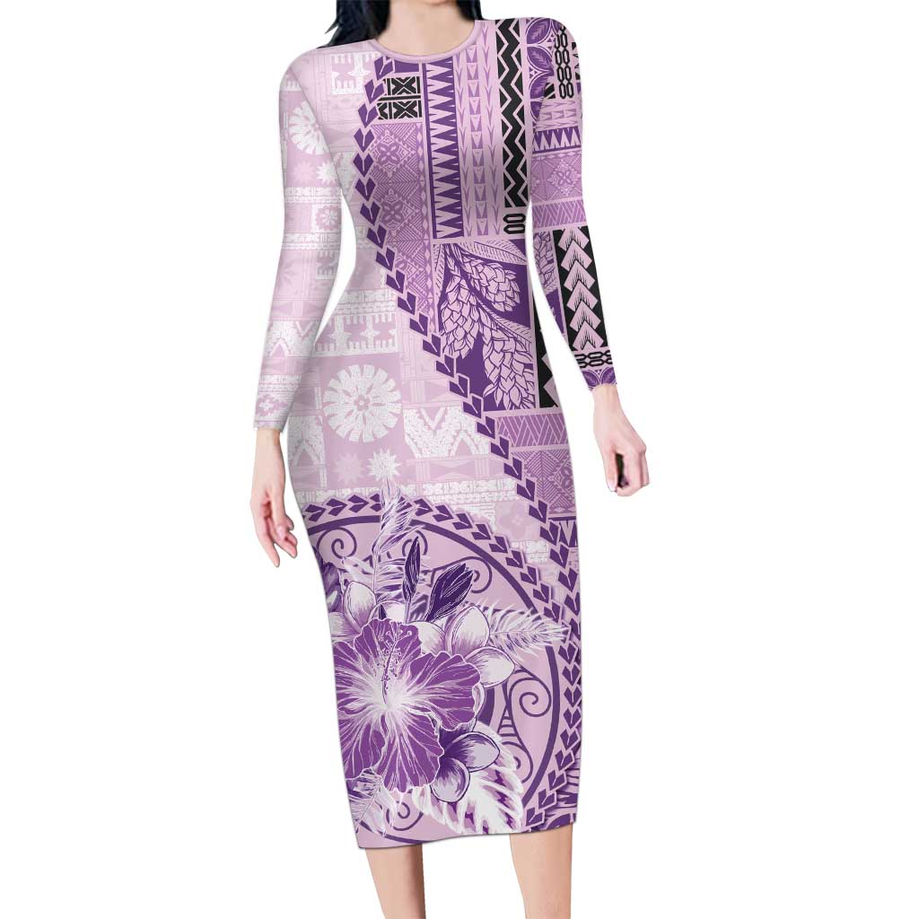 Samoa Siapo Elegant Long Sleeve Bodycon Dress Hibiscus Violet Motifs - Polynesian Pride