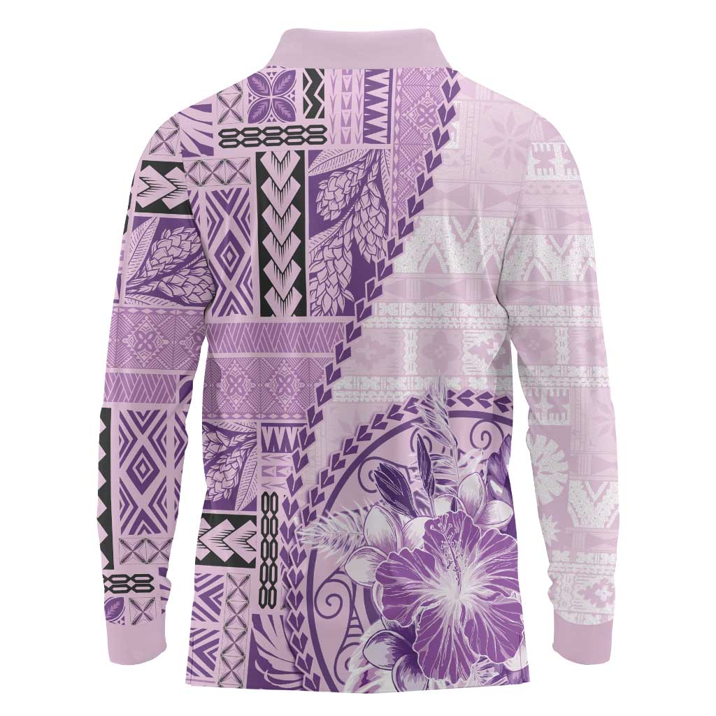 Samoa Siapo Elegant Long Sleeve Polo Shirt Hibiscus Violet Motifs - Polynesian Pride