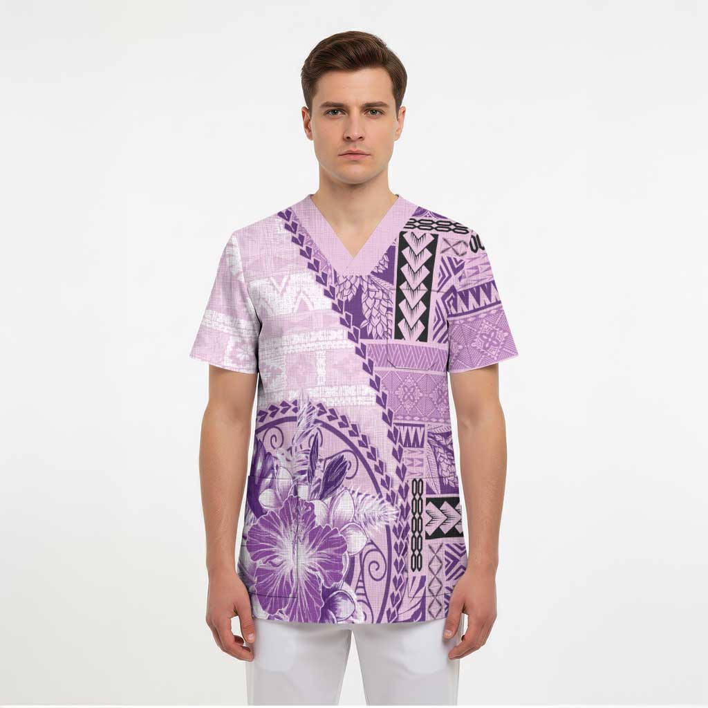 Samoa Siapo Elegant Scrub Top Hibiscus Violet Motifs - Polynesian Pride