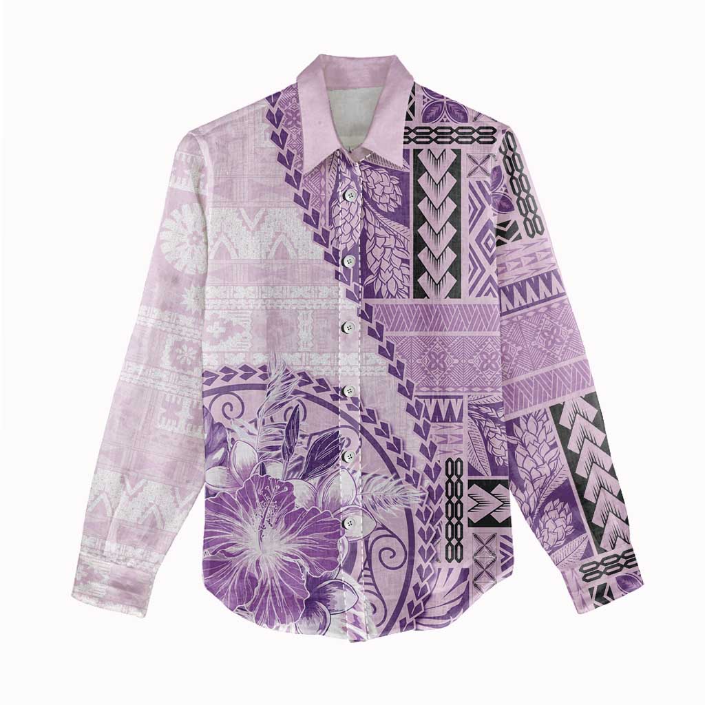 Samoa Siapo Elegant Women Casual Shirt Hibiscus Violet Motifs - Polynesian Pride