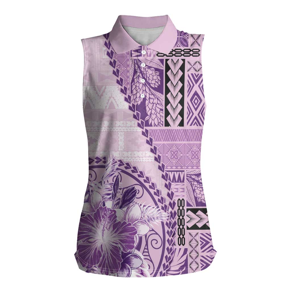 Samoa Siapo Elegant Women Sleeveless Polo Shirt Hibiscus Violet Motifs - Polynesian Pride