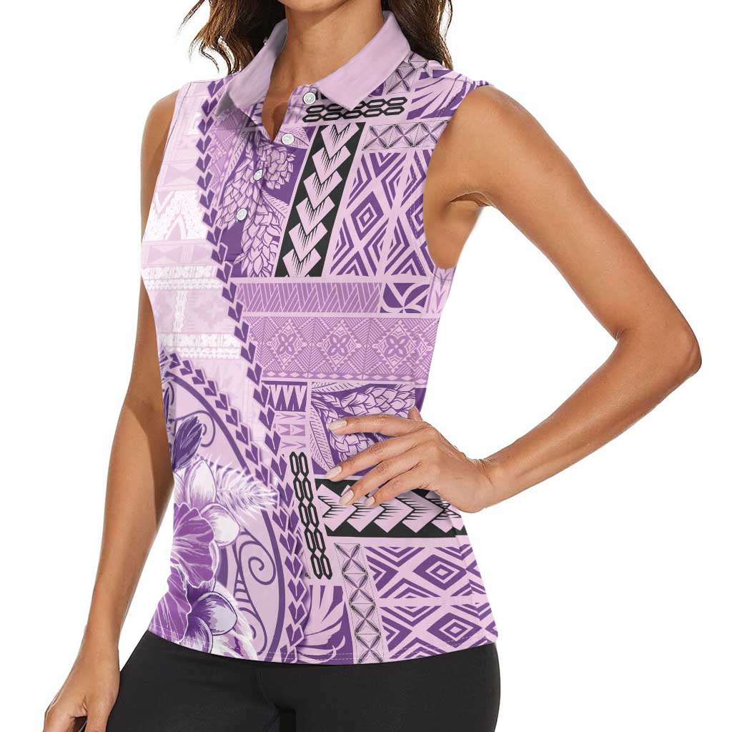 Samoa Siapo Elegant Women Sleeveless Polo Shirt Hibiscus Violet Motifs - Polynesian Pride