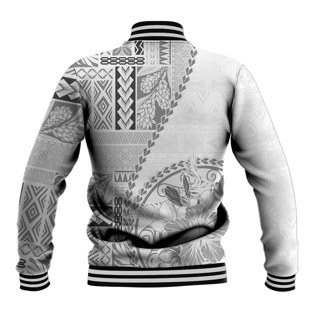 Samoa Siapo Elegant Baseball Jacket Hibiscus White Motifs - Polynesian Pride