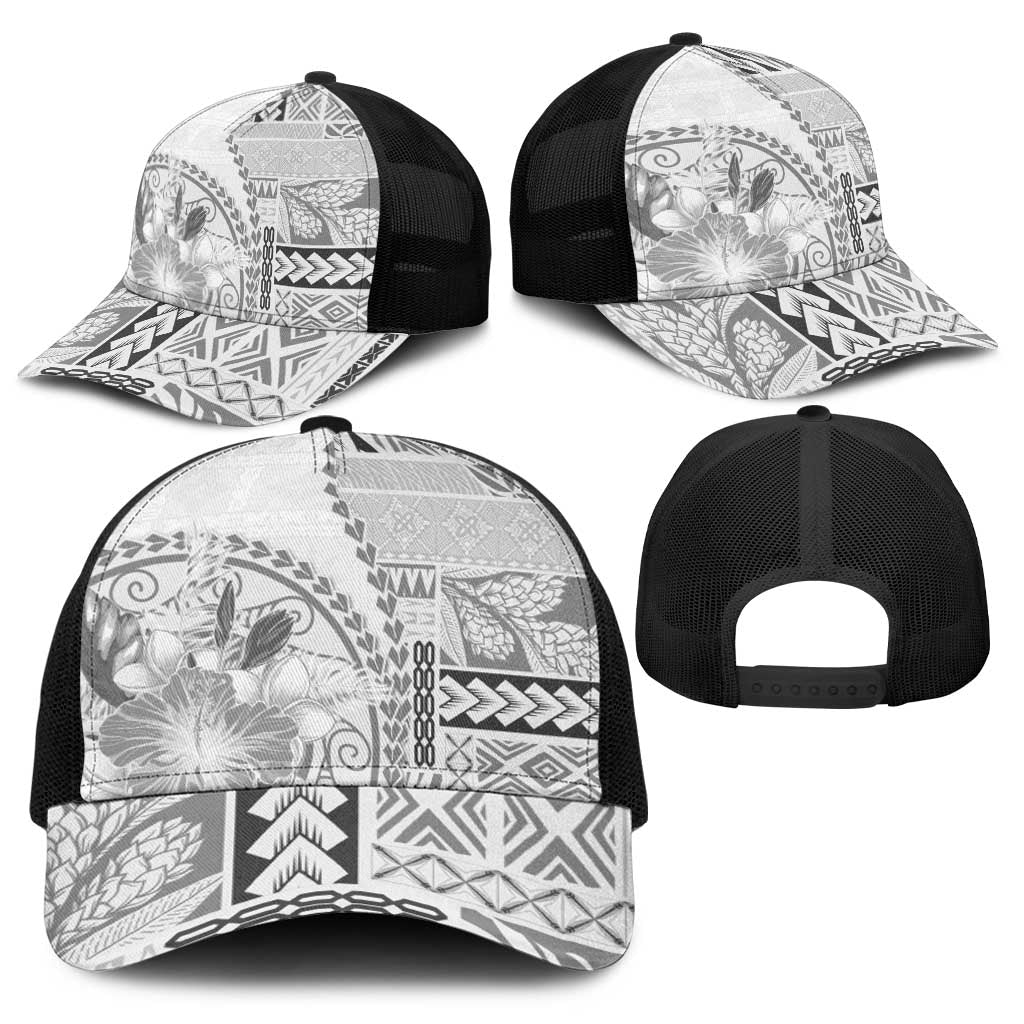 Samoa Siapo Elegant Baseball Net Cap Hibiscus White Motifs - Polynesian Pride