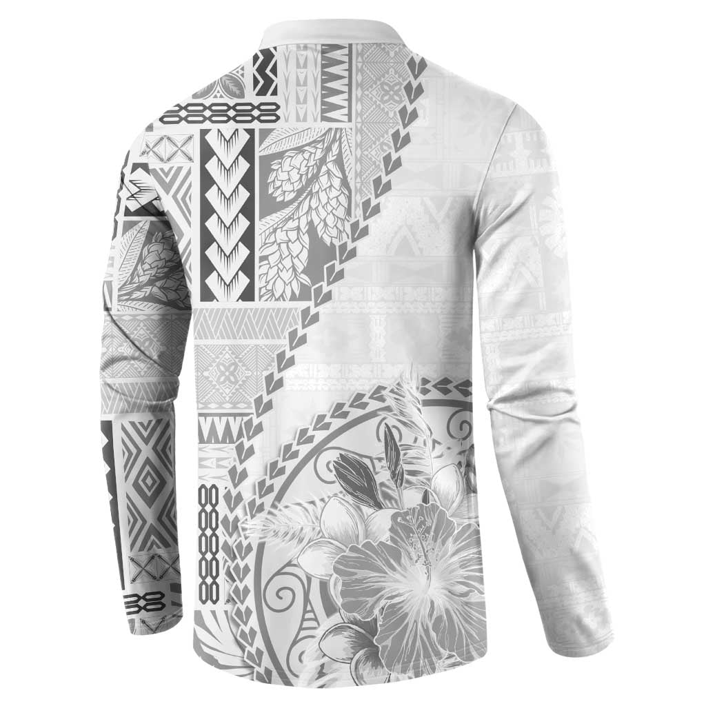 Samoa Siapo Elegant Button Sweatshirt Hibiscus White Motifs - Polynesian Pride
