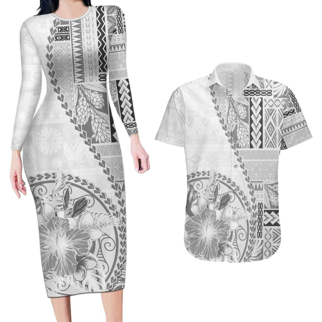 Samoa Siapo Elegant Couples Matching Long Sleeve Bodycon Dress and Hawaiian Shirt Hibiscus White Motifs - Polynesian Pride