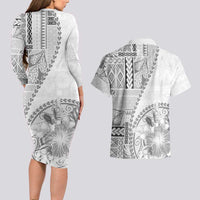 Samoa Siapo Elegant Couples Matching Long Sleeve Bodycon Dress and Hawaiian Shirt Hibiscus White Motifs - Polynesian Pride