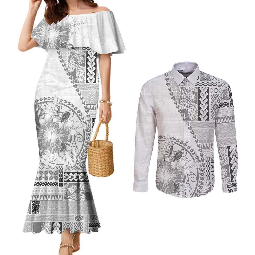 Samoa Siapo Elegant Couples Matching Mermaid Dress and Long Sleeve Button Shirt Hibiscus White Motifs - Polynesian Pride