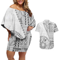 Samoa Siapo Elegant Couples Matching Off Shoulder Short Dress and Hawaiian Shirt Hibiscus White Motifs - Polynesian Pride