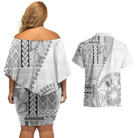 Samoa Siapo Elegant Couples Matching Off Shoulder Short Dress and Hawaiian Shirt Hibiscus White Motifs - Polynesian Pride