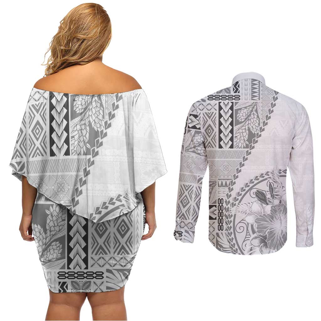 Samoa Siapo Elegant Couples Matching Off Shoulder Short Dress and Long Sleeve Button Shirt Hibiscus White Motifs - Polynesian Pride