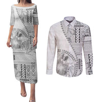 Samoa Siapo Elegant Couples Matching Puletasi and Long Sleeve Button Shirt Hibiscus White Motifs - Polynesian Pride