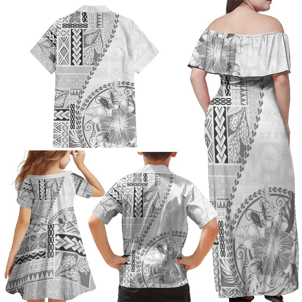 Samoa Siapo Elegant Family Matching Off Shoulder Maxi Dress and Hawaiian Shirt Hibiscus White Motifs - Polynesian Pride