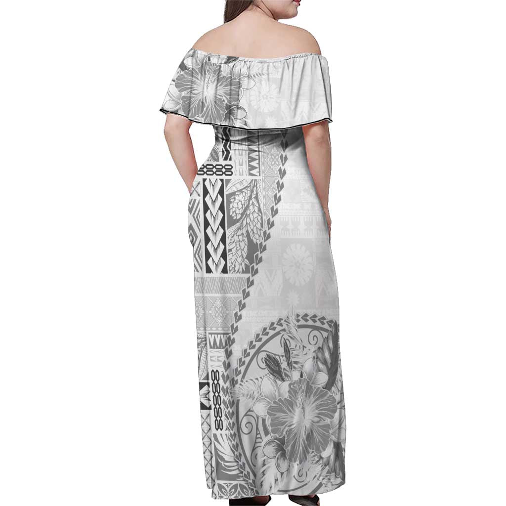 Samoa Siapo Elegant Family Matching Off Shoulder Maxi Dress and Hawaiian Shirt Hibiscus White Motifs - Polynesian Pride