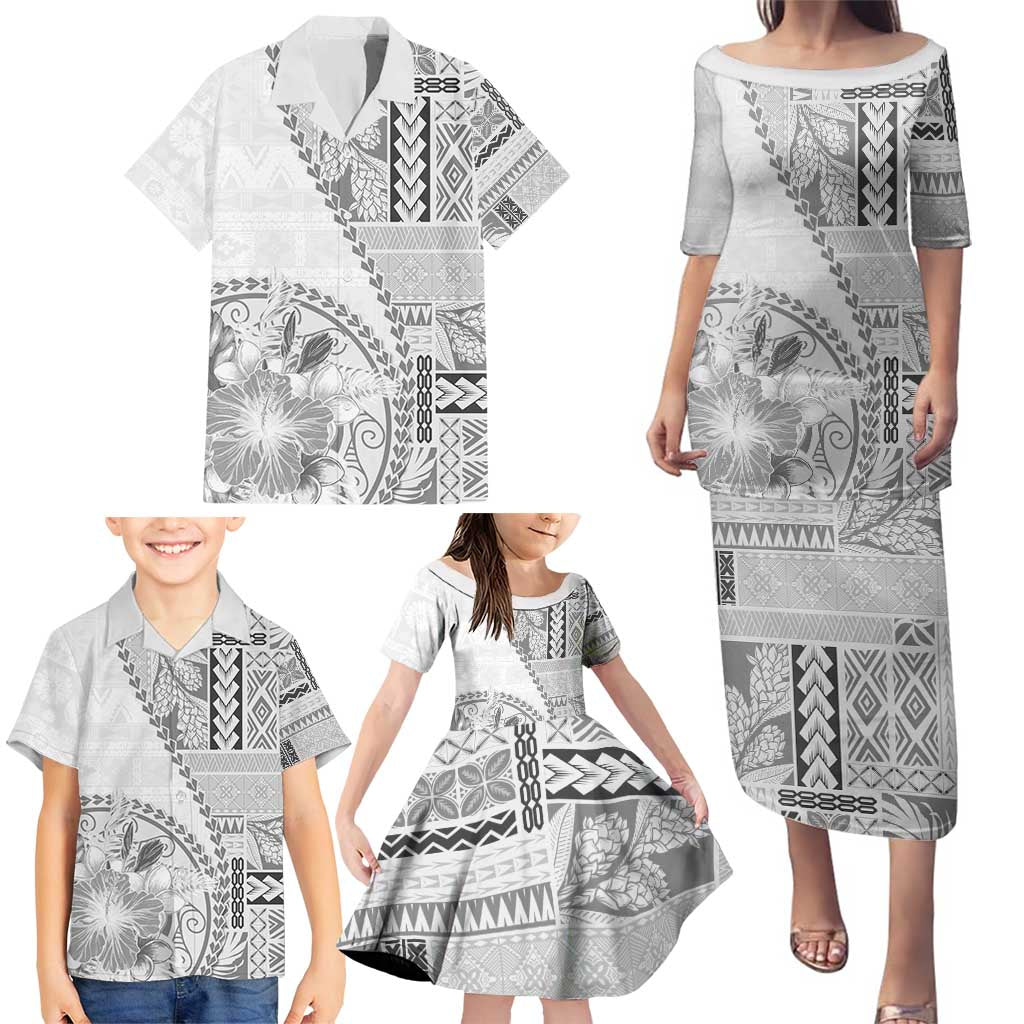 Samoa Siapo Elegant Family Matching Puletasi and Hawaiian Shirt Hibiscus White Motifs - Polynesian Pride