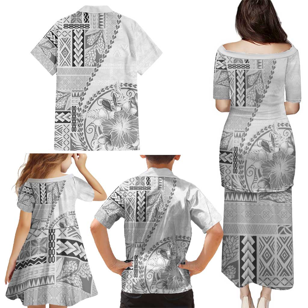 Samoa Siapo Elegant Family Matching Puletasi and Hawaiian Shirt Hibiscus White Motifs - Polynesian Pride