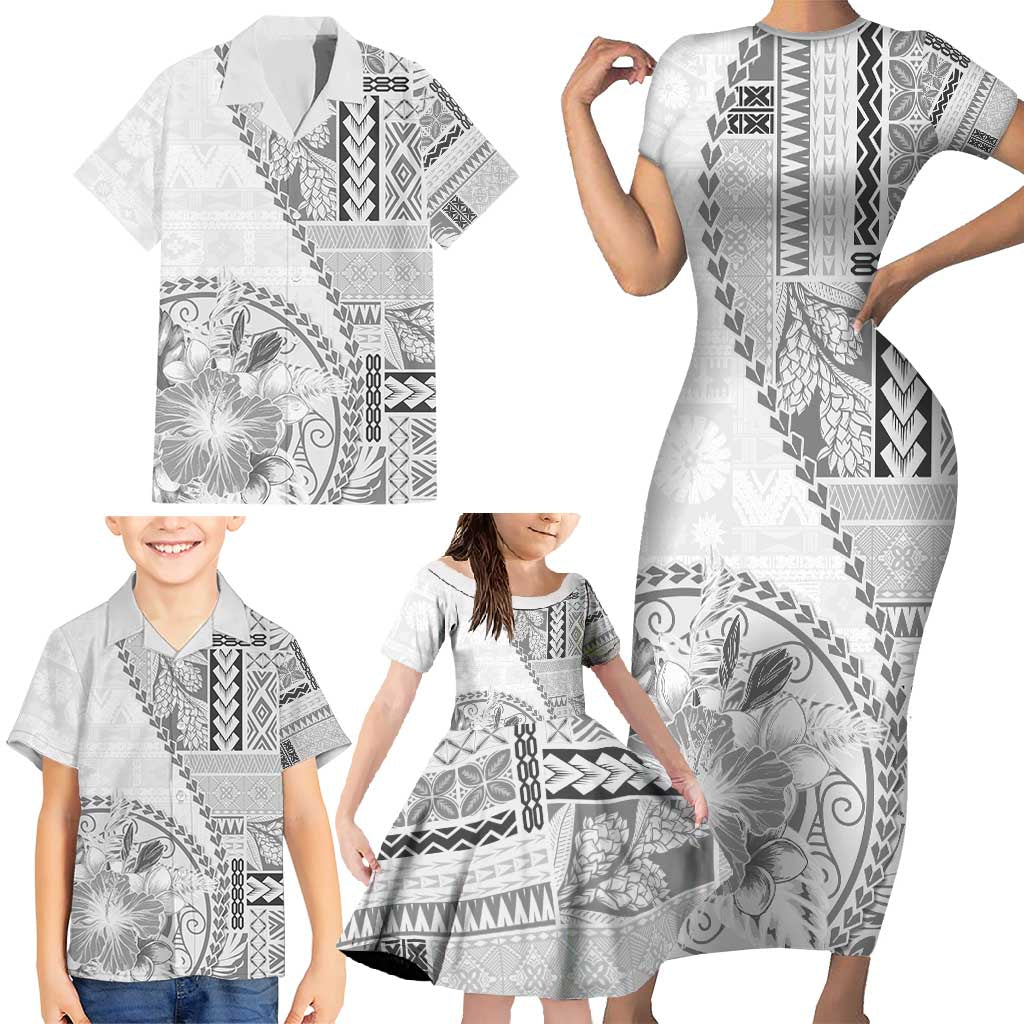 Samoa Siapo Elegant Family Matching Short Sleeve Bodycon Dress and Hawaiian Shirt Hibiscus White Motifs - Polynesian Pride