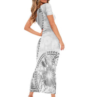 Samoa Siapo Elegant Family Matching Short Sleeve Bodycon Dress and Hawaiian Shirt Hibiscus White Motifs - Polynesian Pride