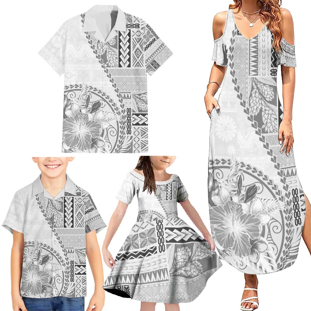 Samoa Siapo Elegant Family Matching Summer Maxi Dress and Hawaiian Shirt Hibiscus White Motifs - Polynesian Pride