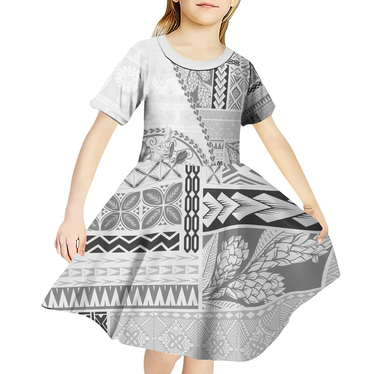 Samoa Siapo Elegant Kid Short Sleeve Dress Hibiscus White Motifs - Polynesian Pride
