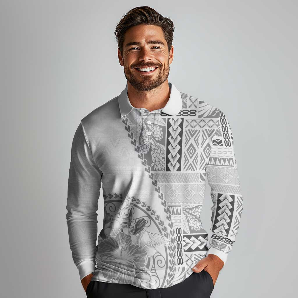 Samoa Siapo Elegant Long Sleeve Polo Shirt Hibiscus White Motifs - Polynesian Pride
