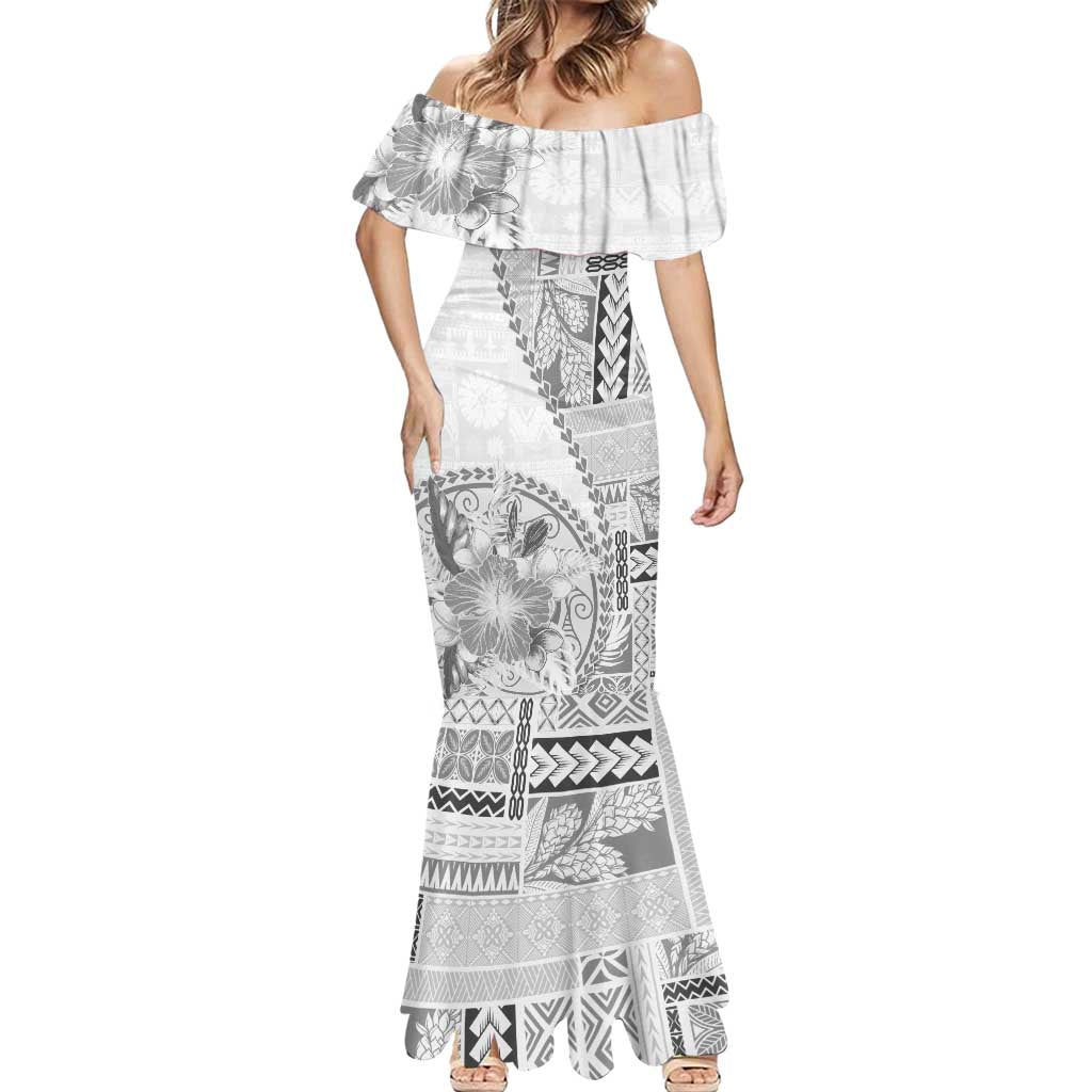 Samoa Siapo Elegant Mermaid Dress Hibiscus White Motifs - Polynesian Pride