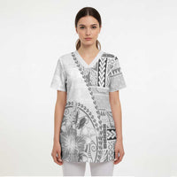 Samoa Siapo Elegant Scrub Top Hibiscus White Motifs - Polynesian Pride