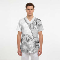 Samoa Siapo Elegant Scrub Top Hibiscus White Motifs - Polynesian Pride