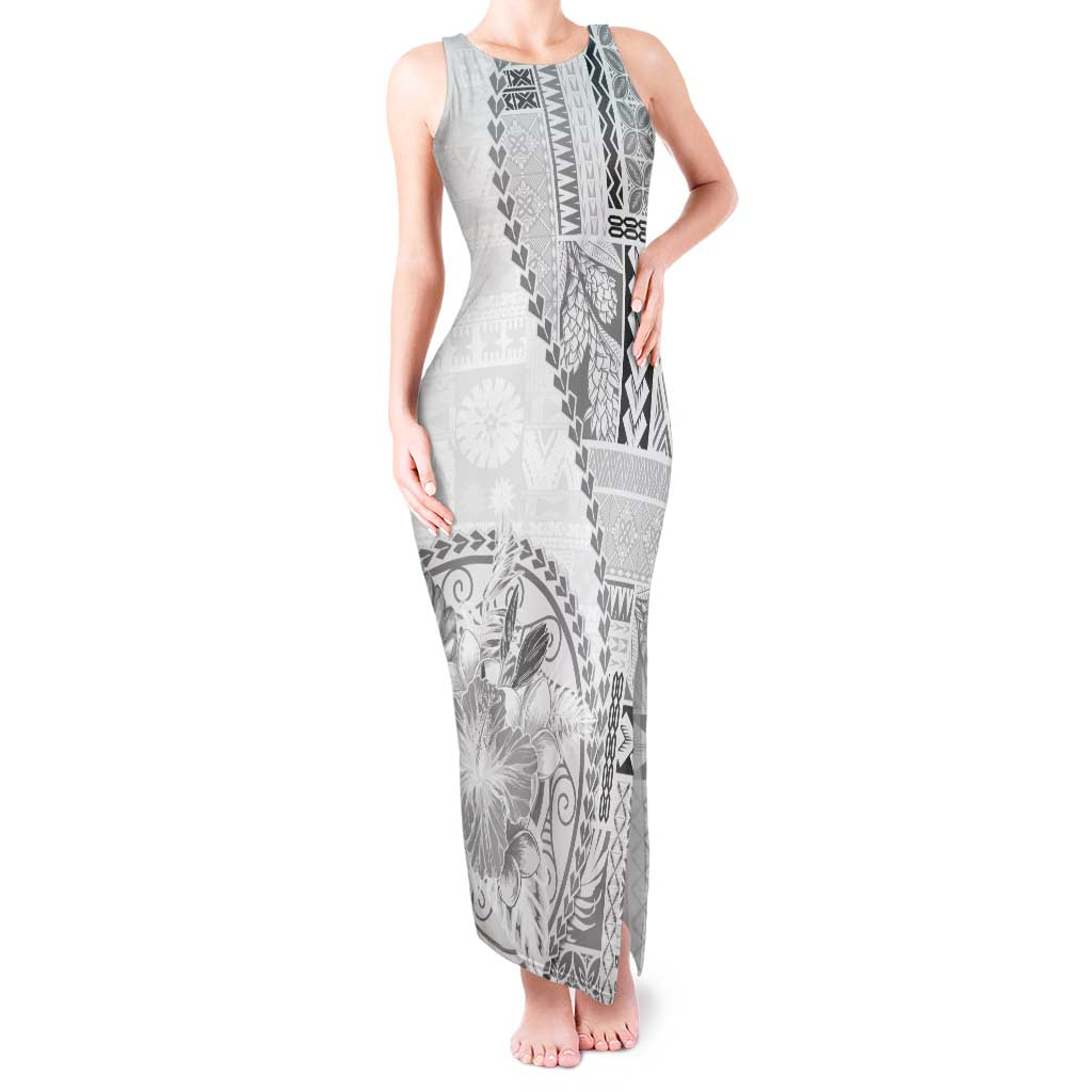 Samoa Siapo Elegant Tank Maxi Dress Hibiscus White Motifs - Polynesian Pride