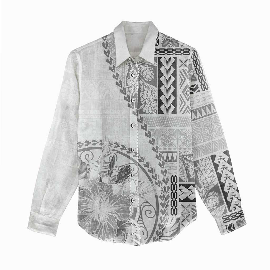 Samoa Siapo Elegant Women Casual Shirt Hibiscus White Motifs - Polynesian Pride